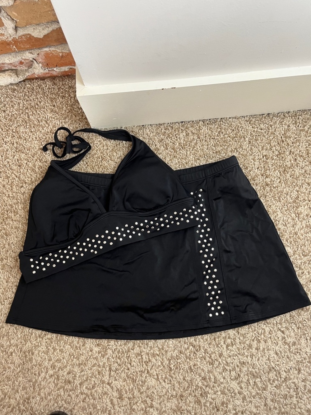 St. John's Bay Black Bikini Top & Swim Skirt with Silver Studs - Size 12